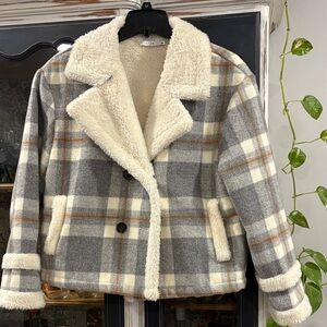 Lush Gray, Cream & Tan Plaid Teddy-Lined Jacket
